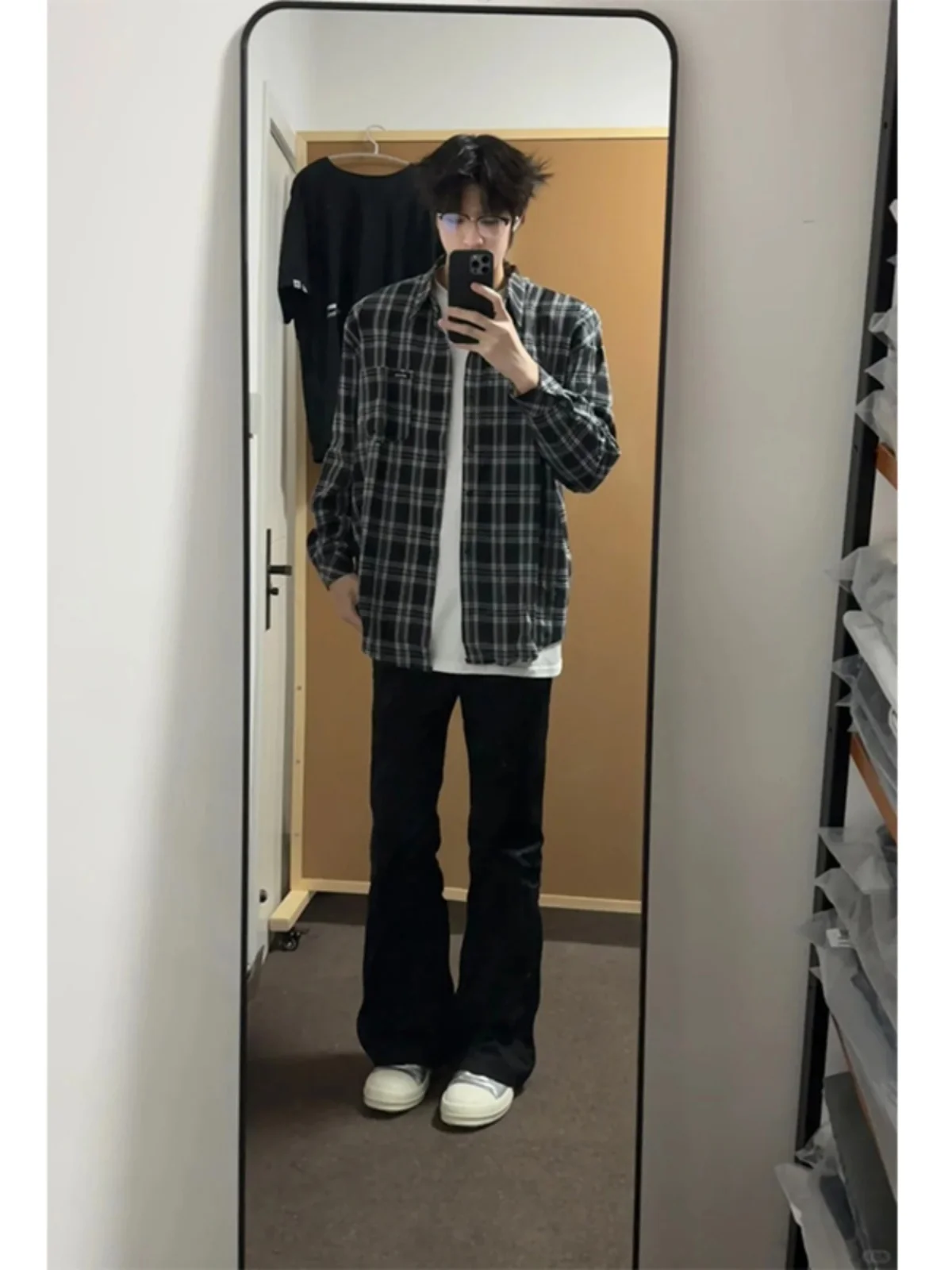 

Men's Plaid Long Sve Casual Loose irt Spring Autumn Trendy American Retro Button up Cotton Polyester Faionable Top