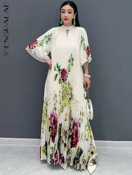 SHENGPALAE Pleated Dress For Women 2024 Summer New Printed Elegant Chic Casual Large Hem A-line Long Dresses Female Robe 5C1144