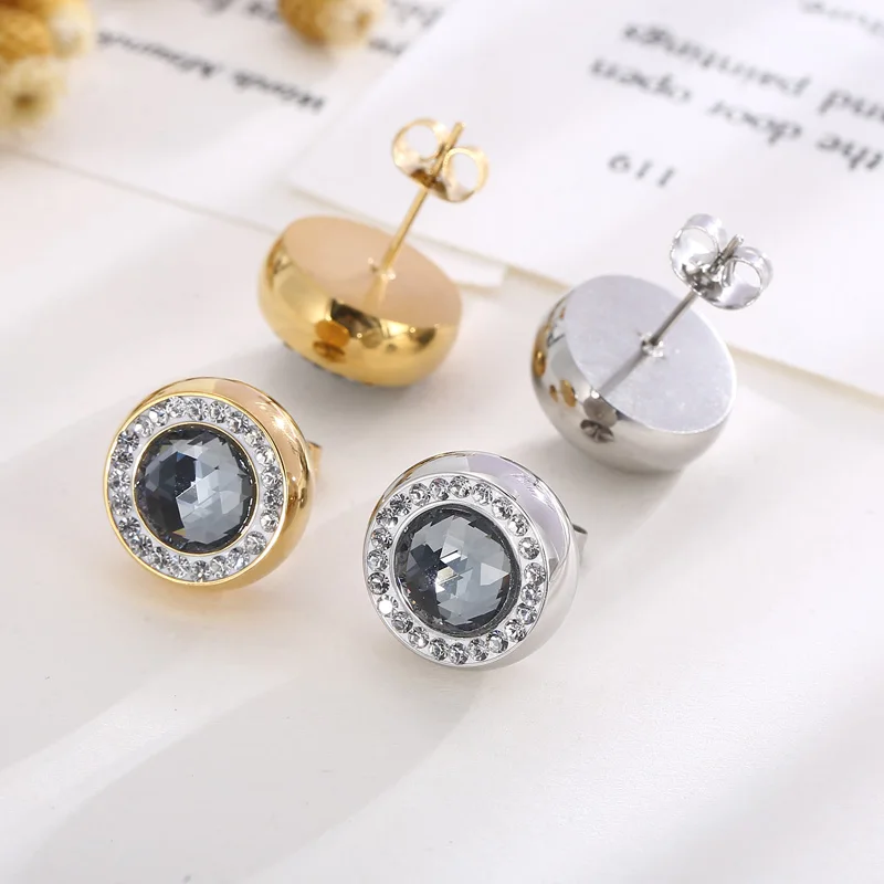 Fashion Women Men Silver Color Rose Gold Titanium Steel Glass Stud Earrings  Jewelry