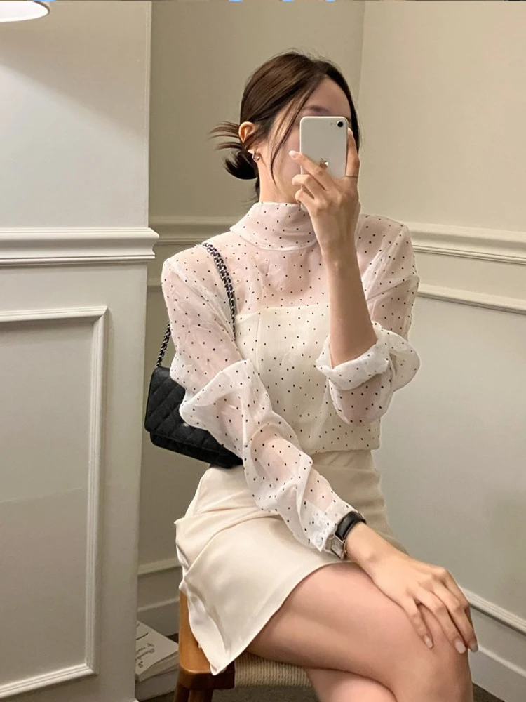 

Retro Korean Sle Long Sve Women's irt f High Collar Polka Dot Sa Base Layer Blouse Ele Design Commute Wear