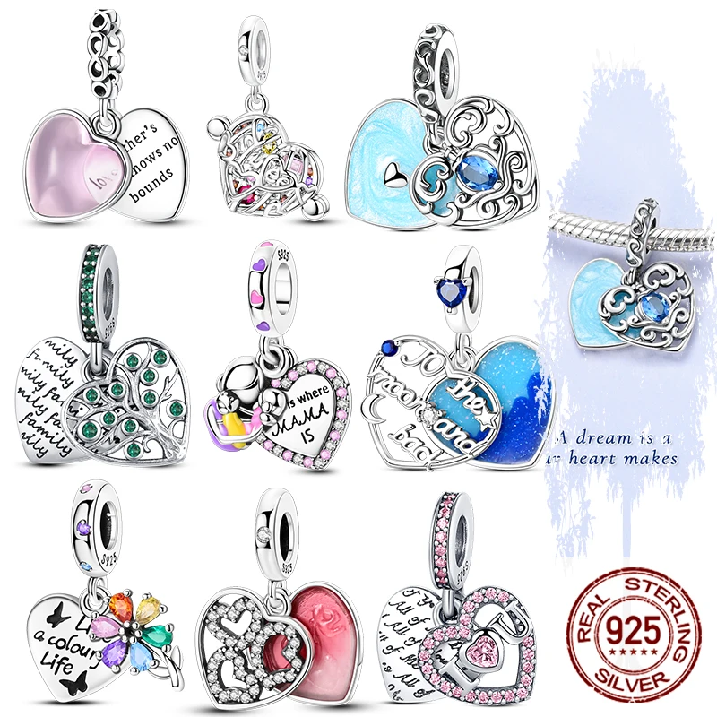 925 Sterling Silver Pendant Charms Beads Heart-Shaped 2-Piece Set Charms Fit Original 3mm Bracelet Necklace Womens Jewelry Gifts