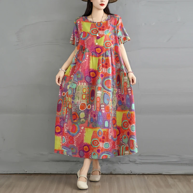 

Summer New Vintage Bamboo Fiber Loose round Neck Short Sleeve A-Line Dress Women's Slimming Dress Artistic Style Citywalk