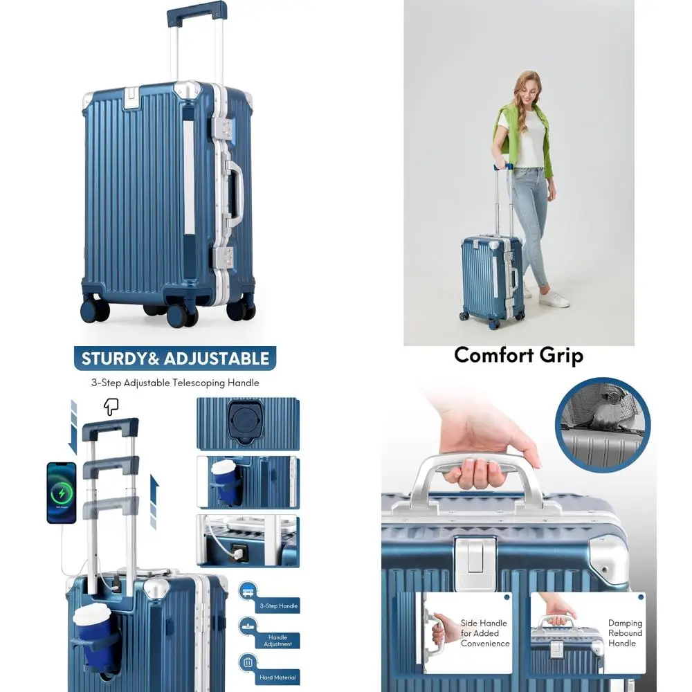 Gorgeous Gem-Blue 3/7 Split Opening Zipperless Aluminum Frame Suitcase, Higher Volume 22x14x9, Airline Approved Carry-On Luggage