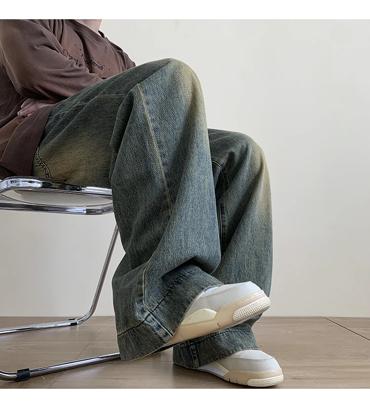 Celana Jeans Pria Baggy Jeans Lurus Kasual Distressed Vintage Celana Jeans Pria Wide-leg Denim Celana Panjang Pria Oversize Streetwear Fashion