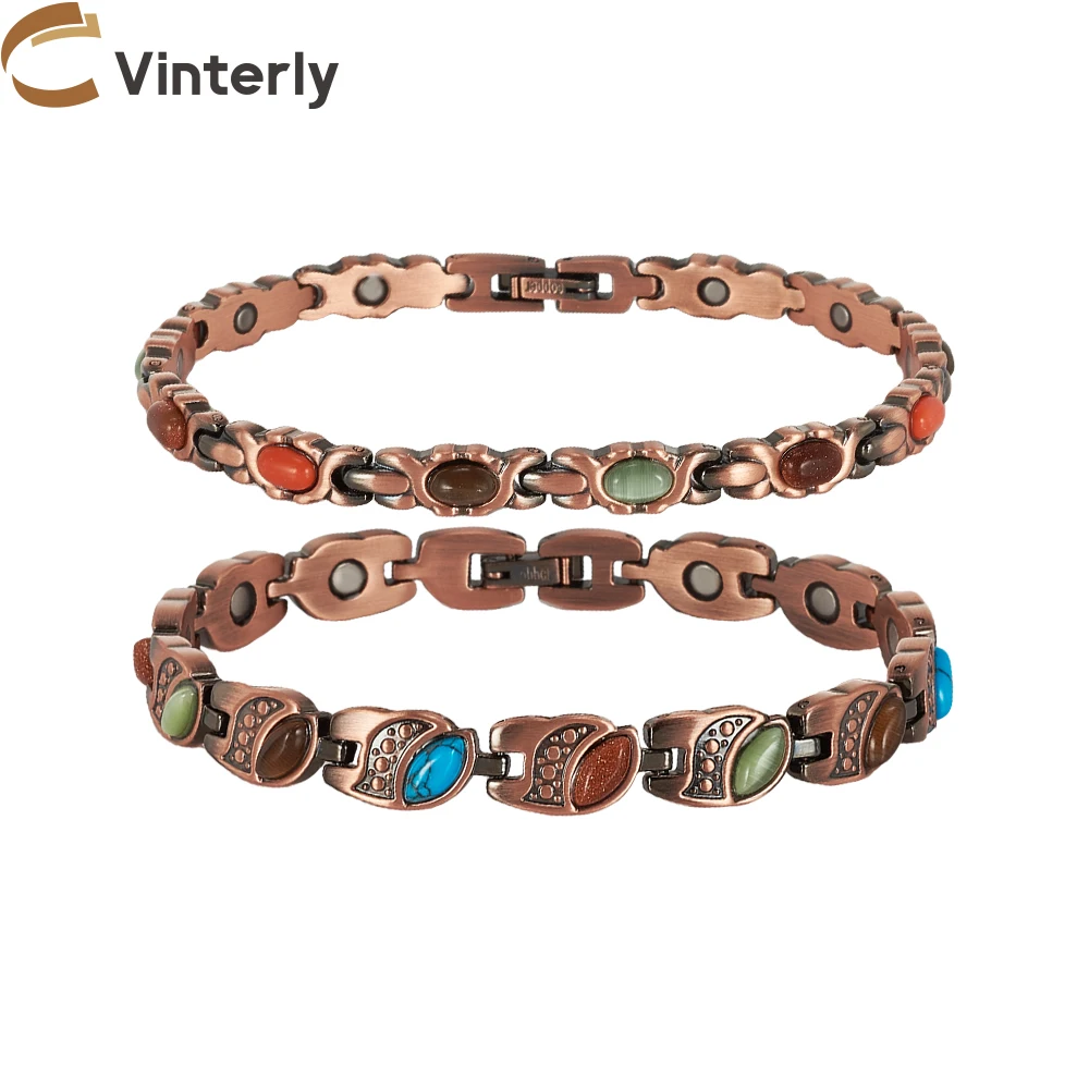 Vinterly Pure Copper Bracelet Magnetic Therapy 22cm Vintage Artificial Turquoise Benefits Chain Link Jewelry Blue Stones Magnets