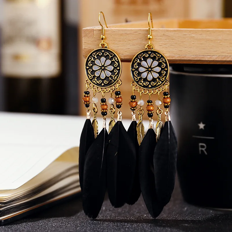 Classic Bohemian Long Feather Drop Dangle Earrings For Women Tassel Beads Handmade Flower Enamel Earrings Bride Wedding Earrings