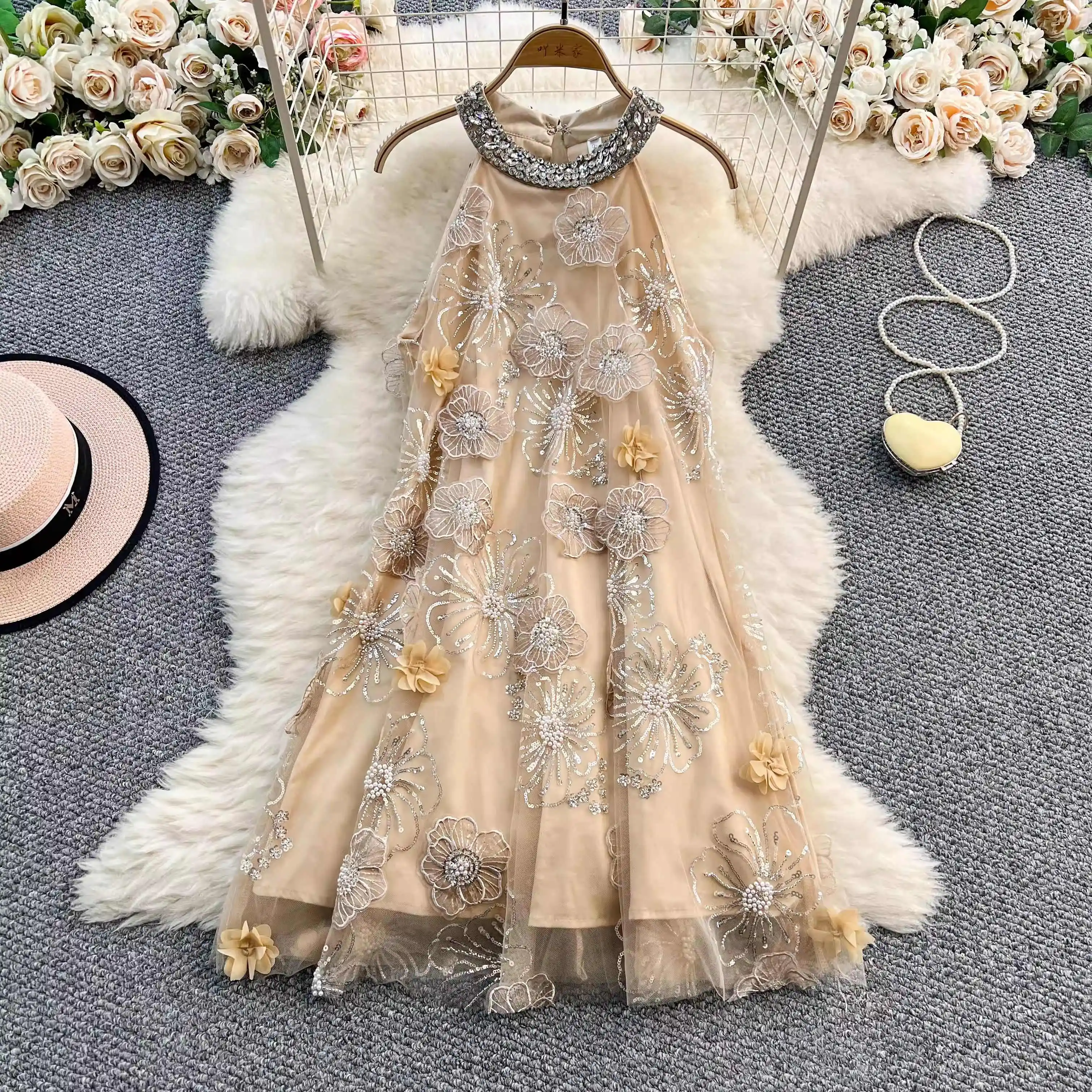 Golden Beading Mesh Dress Women Sleeveless Halter Summer Streetwear Chic Clothing Lady Holiday Party Summer Vestidos Bodycon