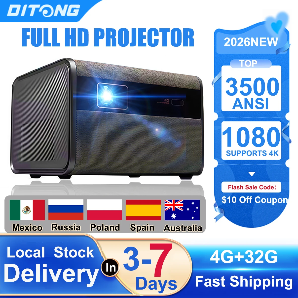 Проектор DITONG 3500 ANSI люмен Full HD для 4K видео и фильмов, Android TV, домашний кинотеатр, 32 ГБ, Wi-Fi 6, автофокус, Smart TV, проекторы Beam