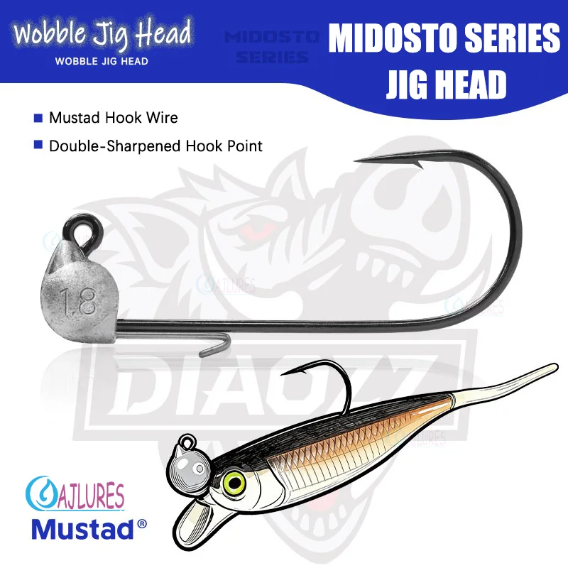 5 Peças de Anzóis Jig Head 0.9g 1.3g 1.8g 2.7g Série Midosto, Jigs de Chumbo com Anzol Mustad Wobble para Iscas Macias, para Pesca de Robalo e Truta