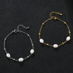 HuPo.HuTu. New Charm Jewelry Women' Gift Freshwater Pearl Chain Waterproof 18K Gold Plated Bead Wrapped Stainless Steel Bracelet