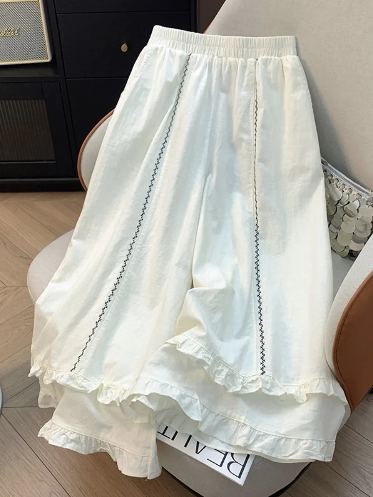 

Женские летние брюки-юбка с высокой талией из хлопка и льна, с оборками, больших размеров, многослойные, прямые, широкие, укороченные (7/8)