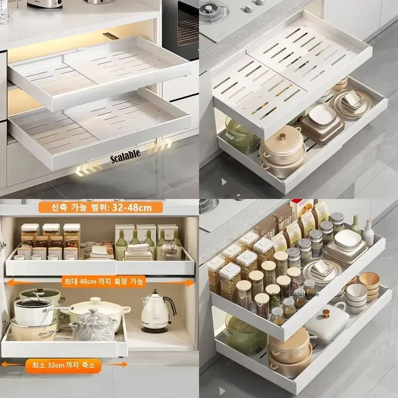 1/2Pc Scalable Pull-out Kitchen Storage Rack with Slide Rails Drawer Type Storage Tray Spice Box Storage Rack Cabinets