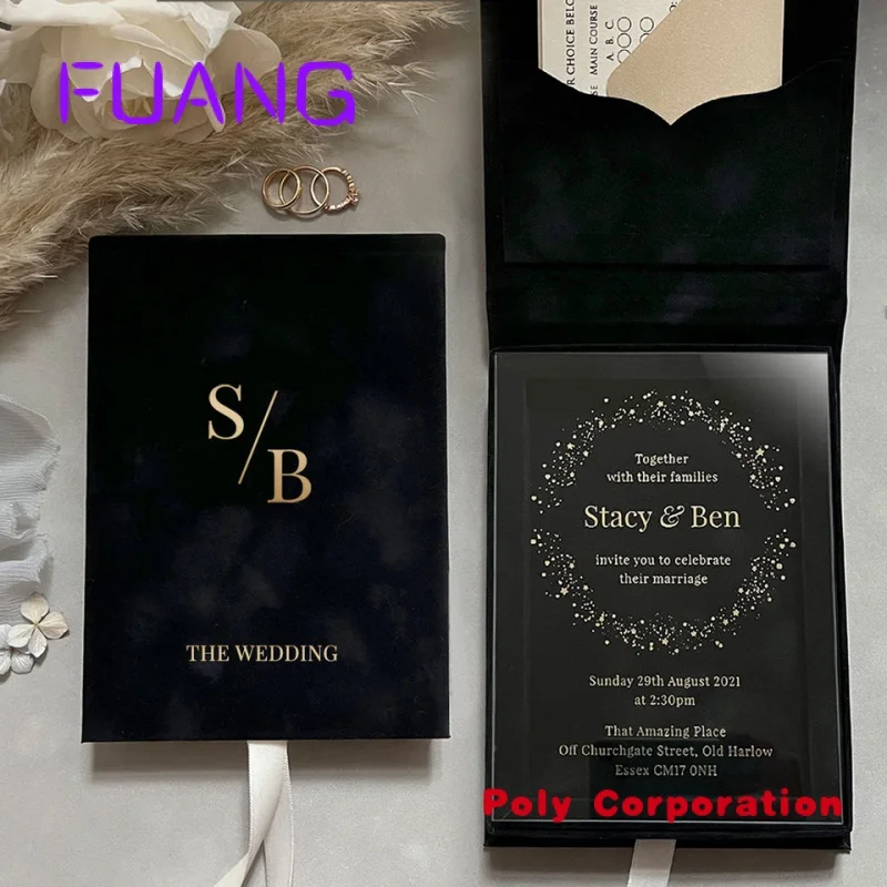 Clear Acrylic Invitation Cards Cardboard Box Black Velvet Box with Custom Logo
