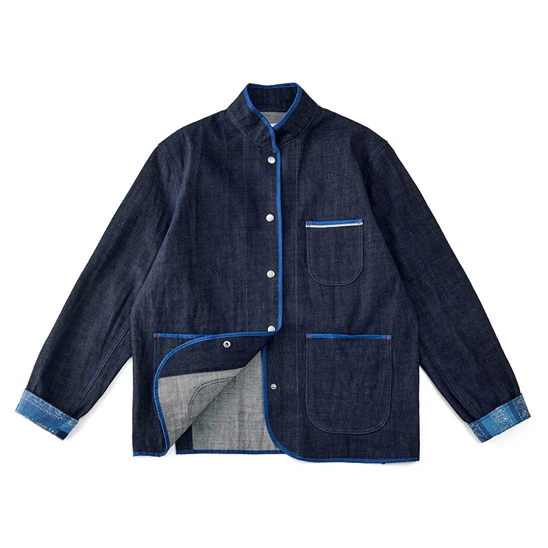 

Джинсовая куртка Тан в китайском стиле с растительным синим красителем в стиле индиго в китайском стиле в стиле ретро с воротником-стойкой и красными ушками