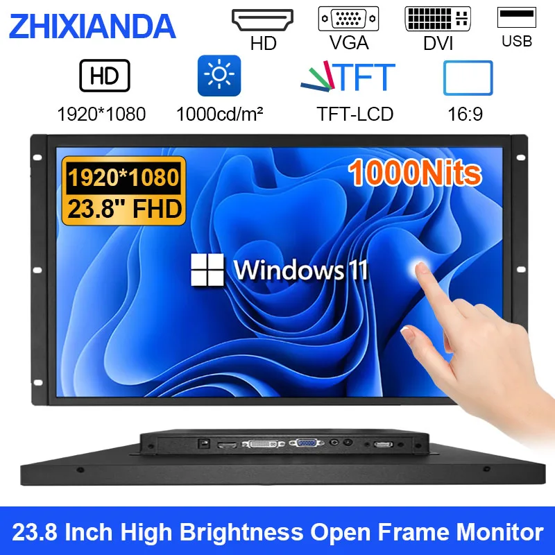 

23.8 24 Inch High Brightness 1000cd/m² 1920x1080 VESA Reistance Capacitive Touch Screen Monitor Industrial Display for Kiosks