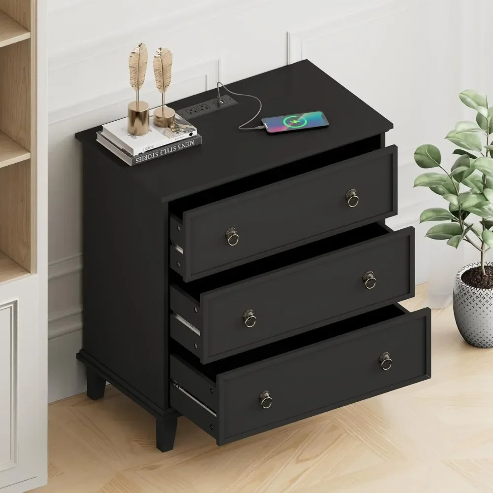 

Large Nightstand with Charging Station, 29.8" X 27.6" Black 3 Drawers Nightstand, Farmhouse Bedside Table Nightstand with 3 Draw