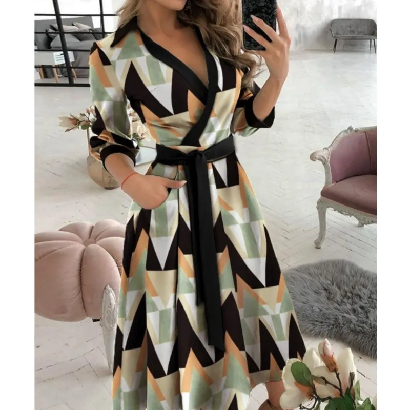 

Office Women Casual Sashes A-Line Wrap Summer Dress 2024Print Long Sleeve V-Neck Dress Pocket Elegant Midi Party Dress Vestidos