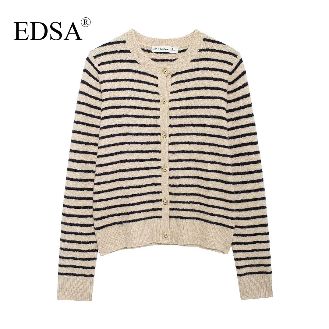 EDSA Women Striped Knit Cardigan O-neck Long Sleeves Ribbed Trims with Golden Button Casual Sweater Coat