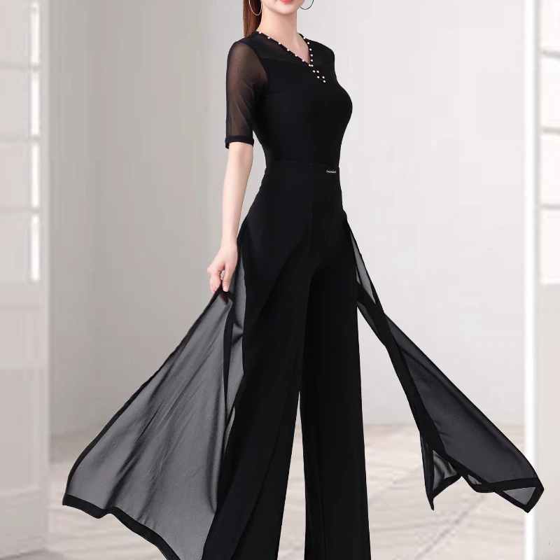 Pantalones de baile latino para mujer, novedad de verano, pantalones de pierna ancha de cintura alta para actuación de baile, pantalones con cinta flotante