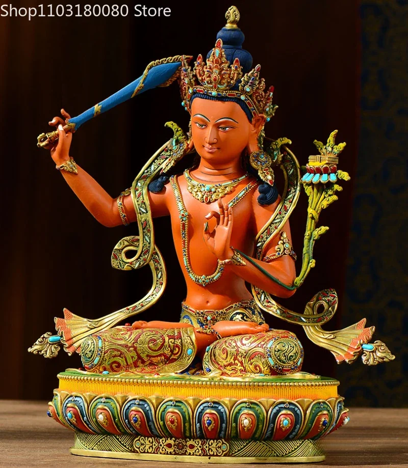 32cm Hand Painted Manjushri Bodhisattva Statue Copper Tibetan Manjusri Manjushree Wisdom Buddha Sculpture Altar Decor