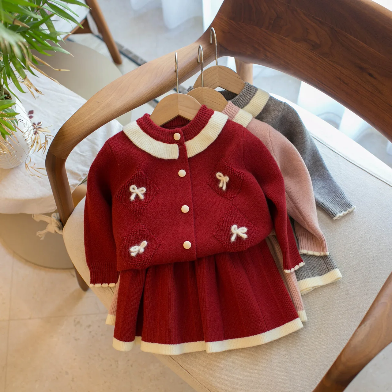 Autumn New Girls Sweater Sets Children Sweet Two‑Piece Suit Bow Decor Knit Cardigan Matched With Short Skirt For Little Girls