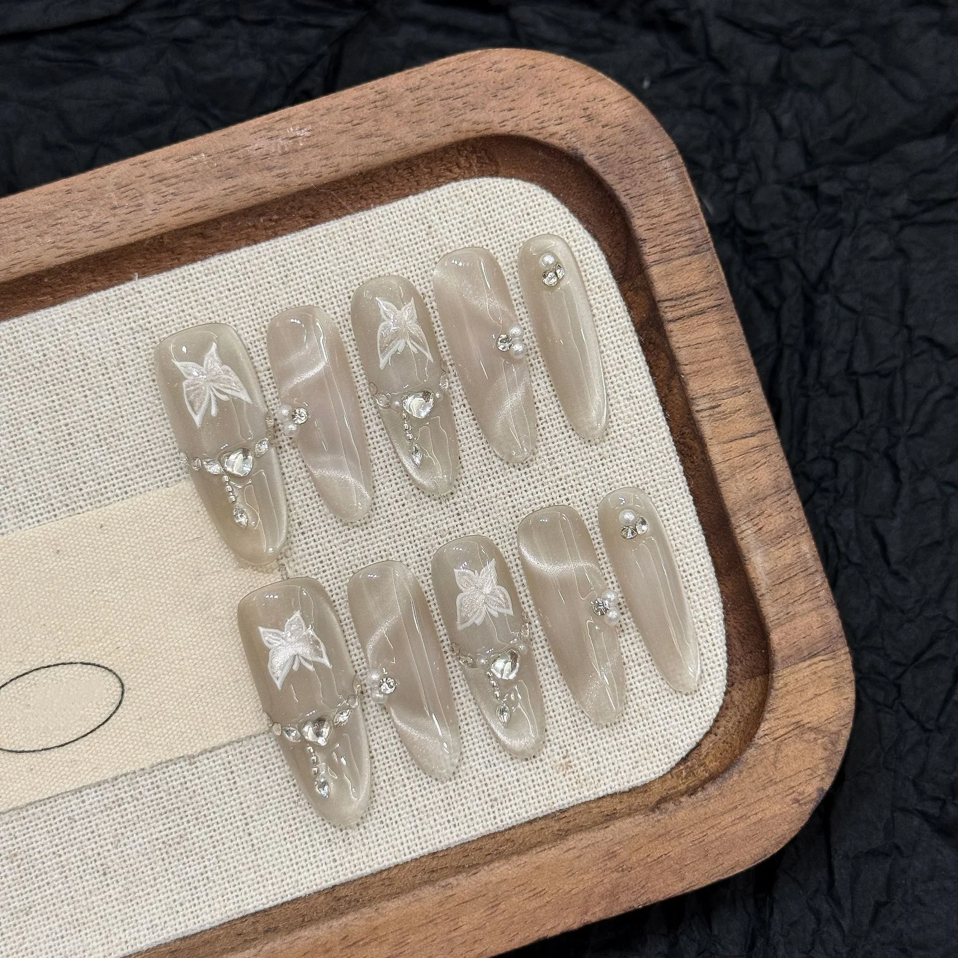 10 pçs longo oval artesanal unhas falsas dicas olho de gato borboleta design argent falso arte do prego strass amêndoa imprensa em unhas conjuntos