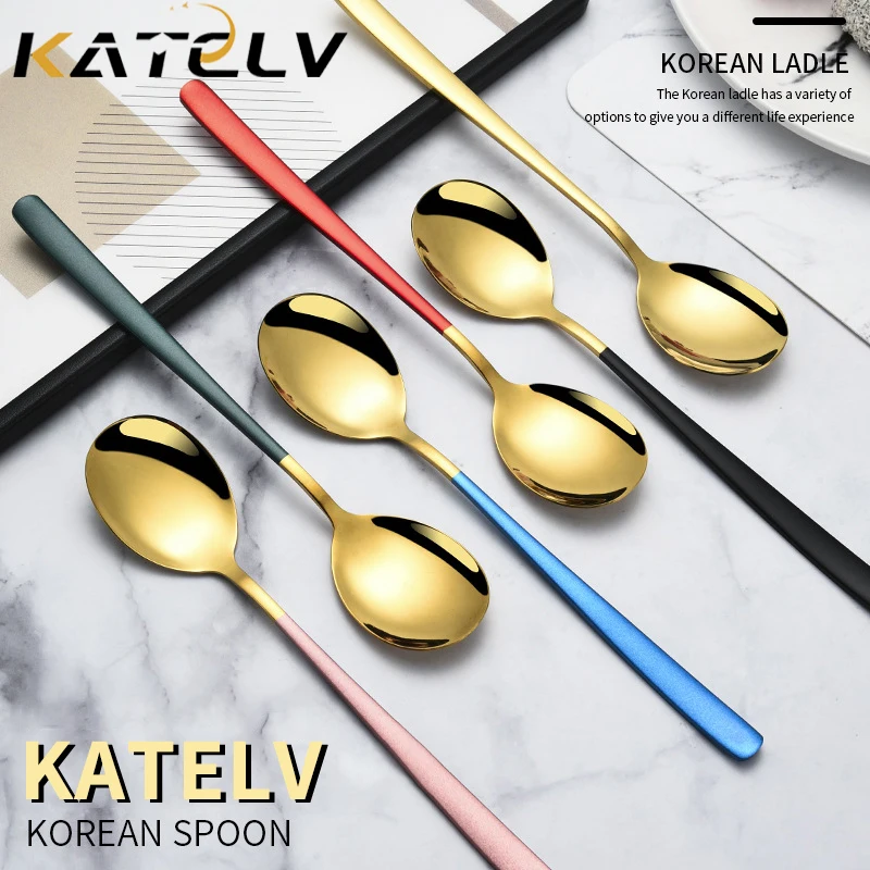 

Stainless Steel Korean Style Spoon Round Head Spoon Coffee Tea Ice Cream Dessert Spoon Home Dinner Utensils Kitchen Accessories