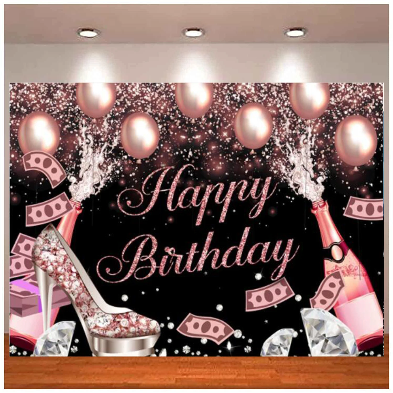 

Pink Rose Gold Happy Birthday Photography Backdrop Glitter Dots Diamonds Balloons Sweet 16 18th Girls Background Party Decor