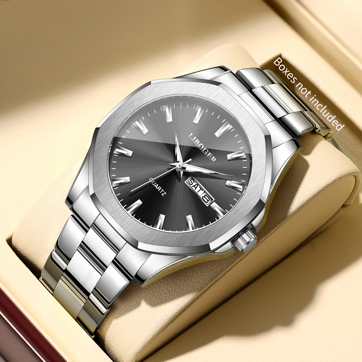 Luxuriöse Herren-Businessuhr aus Edelstahl, Quarz-Armbanduhr mit Kalender, Herrenuhr, Relogio Masculino (ohne Box)