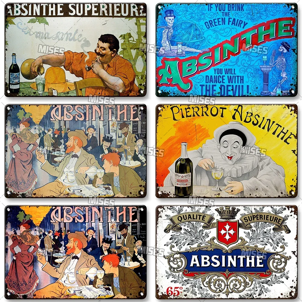 MISES Absinthe Decorative Plate Beer Brand Metal Poster Wall Plate Weathered Metal Plaque Pub Home Metal Sign Wall Decor Sign