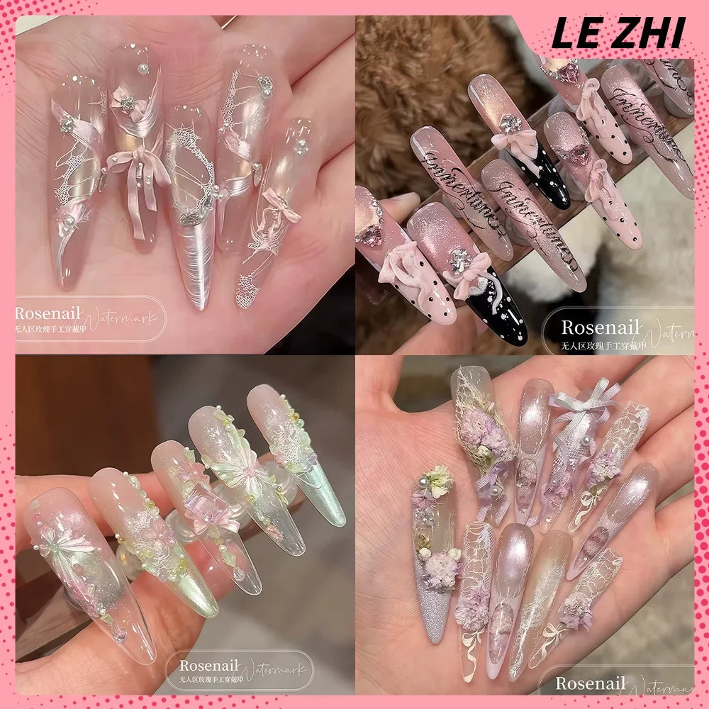 

French Gentle Princess Style Pink Bowknot Pearl Cat Eye Long Pointed Fake Nail Lace Flower Glitter Powder Nail Art Birthday Gift