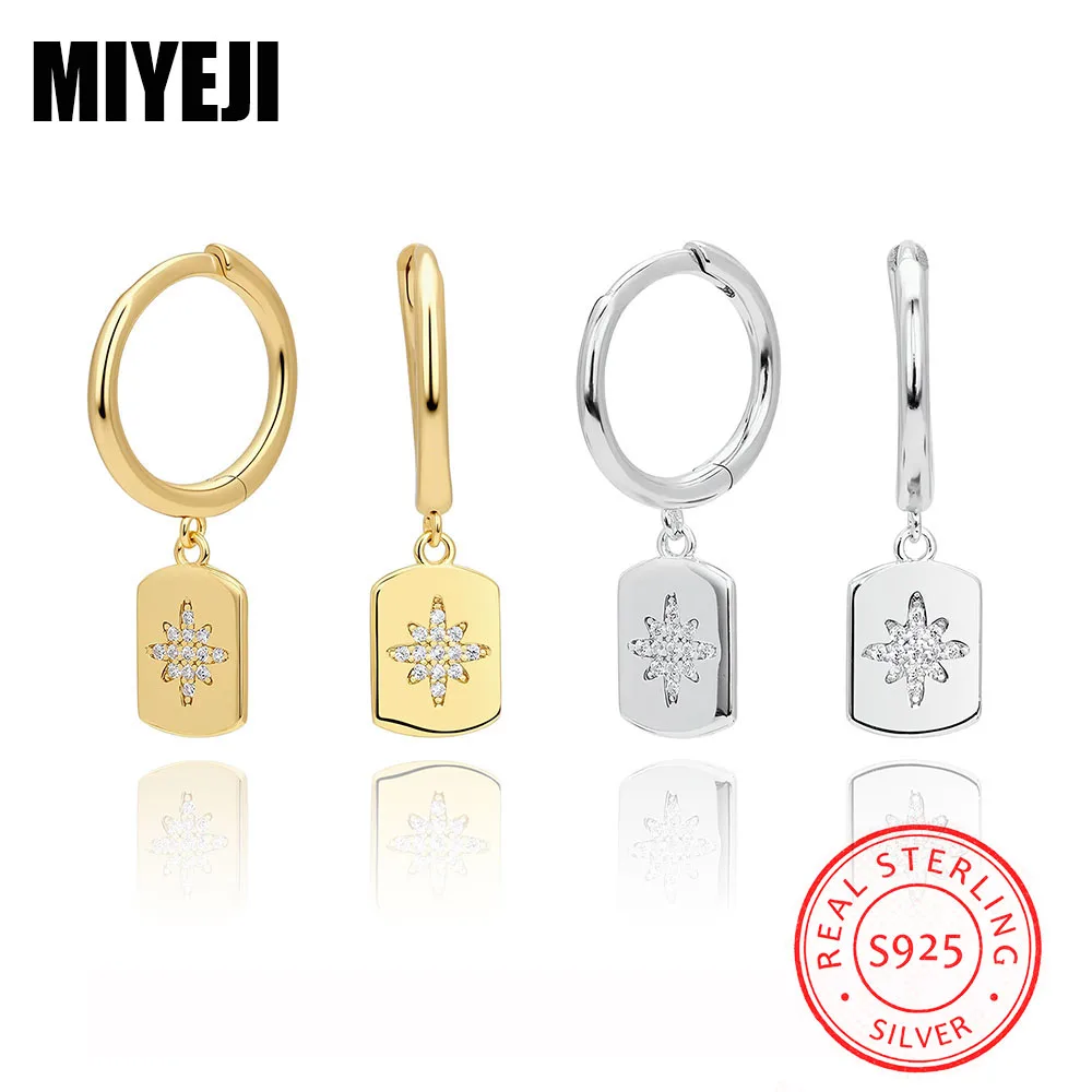 MIYEJI Real S925 Sterling Silver Zircon Star Square Pendant Hoop Earrings For Women Daily Wear Trendy Fine Jewelry Accessible