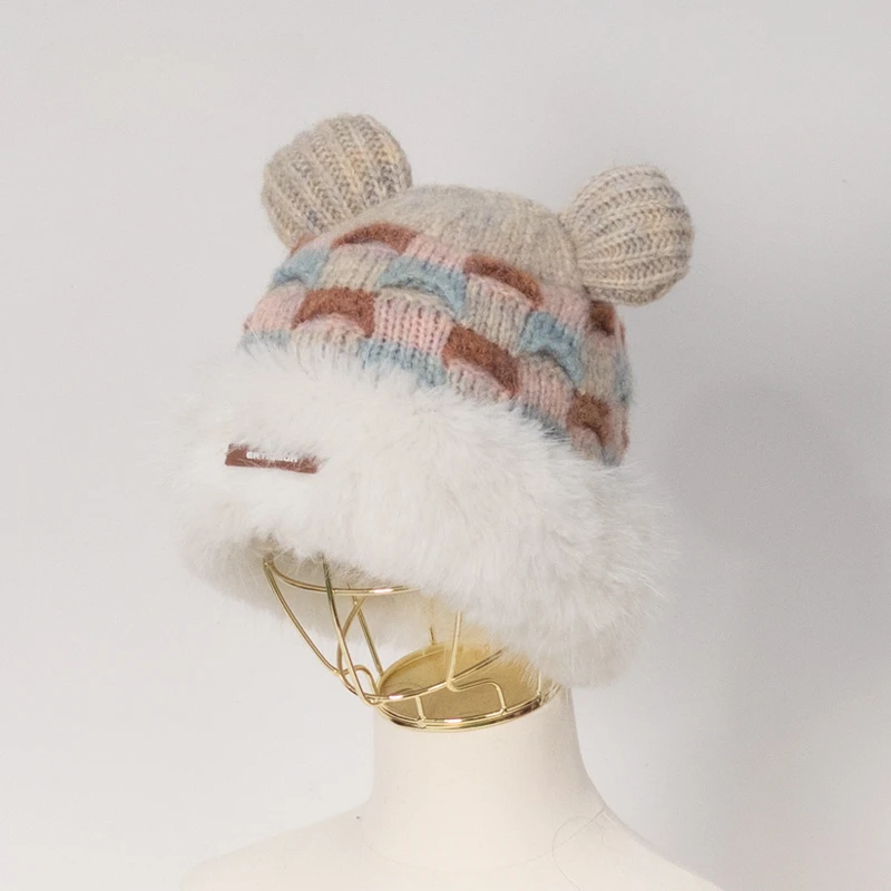 قبعة صوفية لطيفة على شكل آذان الدب للسيدات للخريف والشتاء النسخة الكورية من قبعة محبوكة حرارية دافئة منقوشة حلوة جديدة