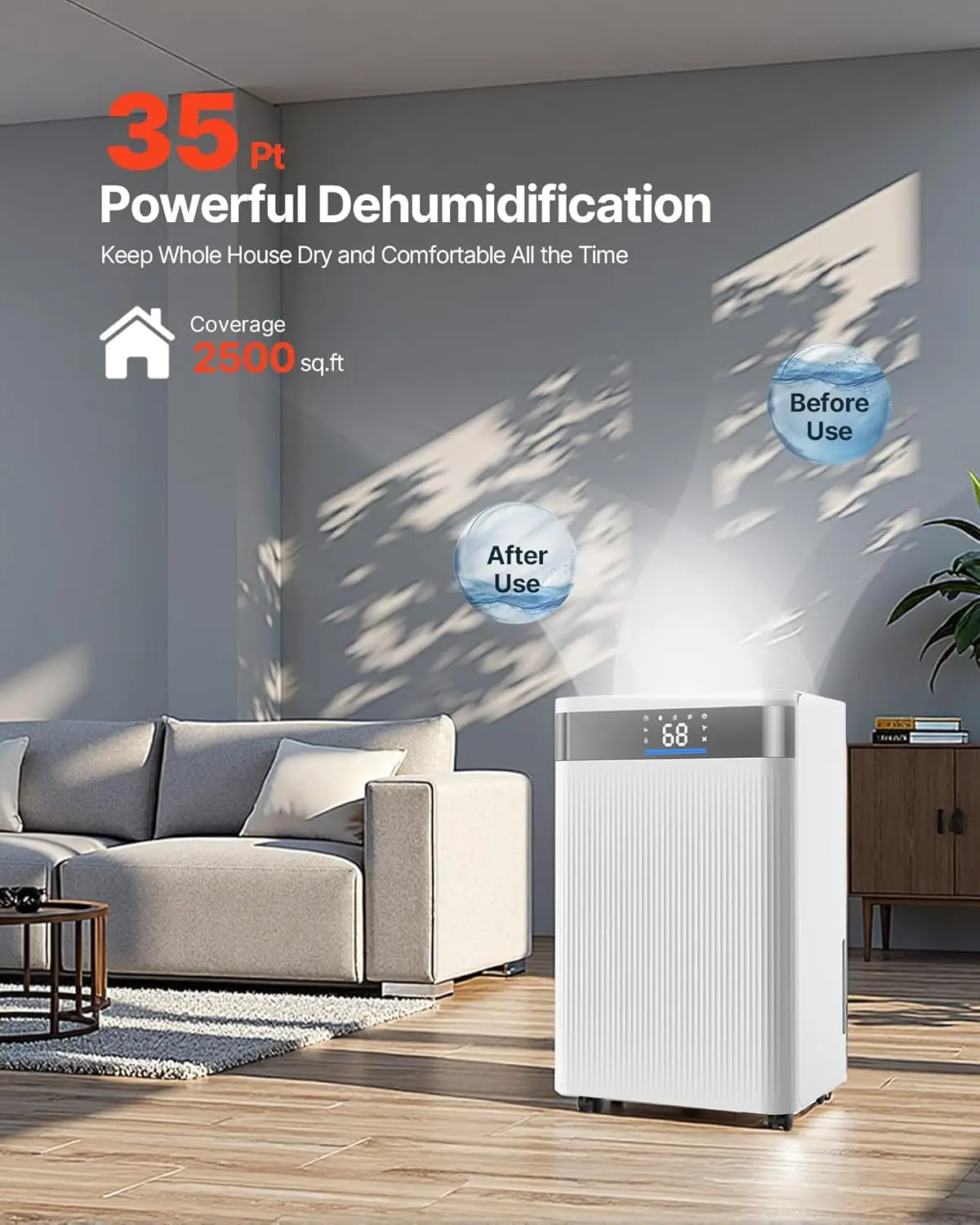 

35 Pints Dehumidifier for Home & Basement, 2500 Sq.Ft Coverage,Drain Hose for Commercial& Industrial Use,Smart Humidity Control