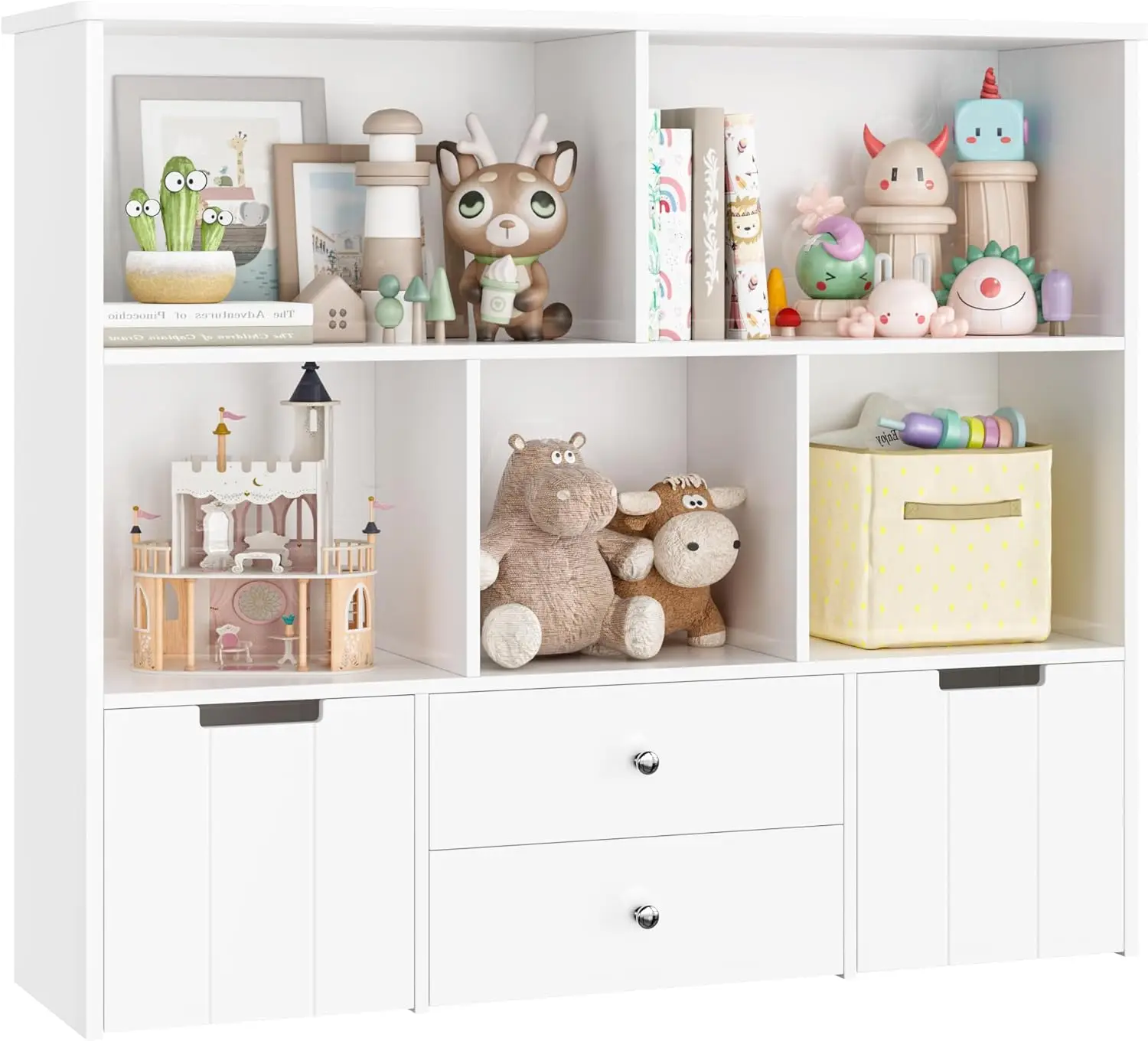Storage Organizer with 4 Drawers, Toy Organizers and Storage with Concealed Wheels and 5 Storage Cubbies, Multifunctional Storag