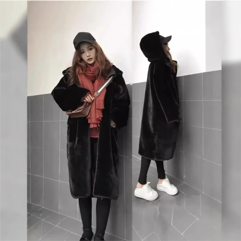 معطف أسود من الفرو الصناعي معطف مختلط وغطاء رأس طويل مخملي #4