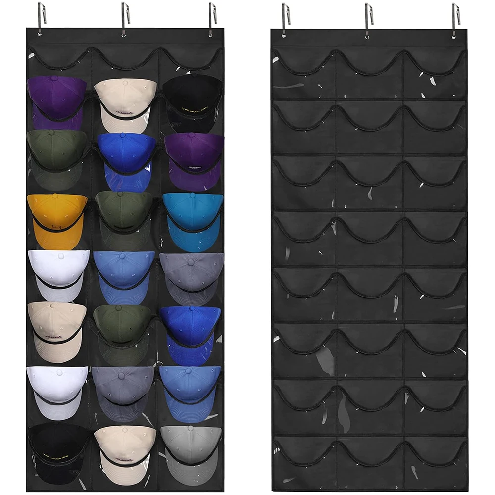 Hat Rack Organizer Hanging Wall Door Large Baseball Golf Sports Caps Storage Display Multiple 24 Deep Pockets Holder with Hooks