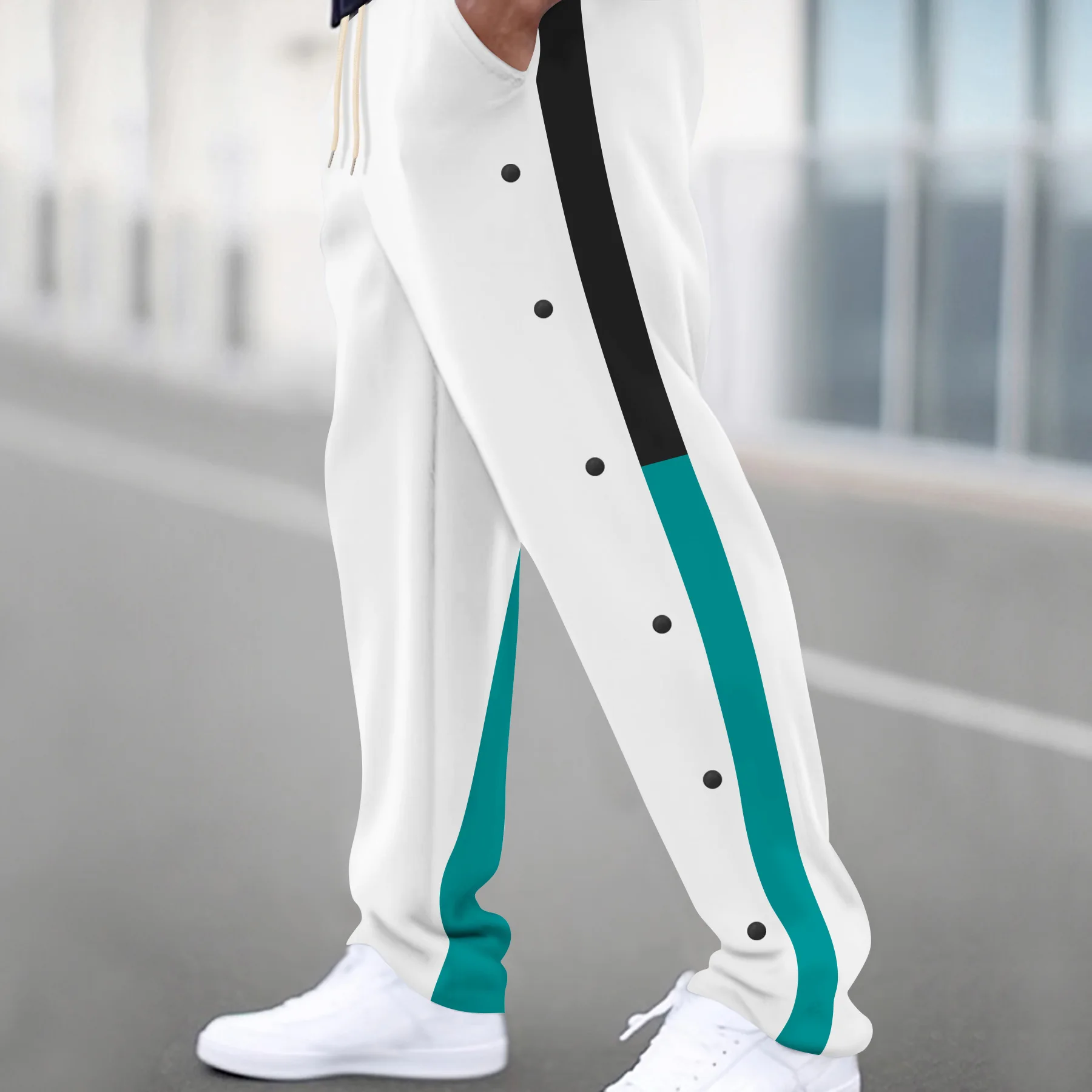 

Men Spliced Casual Pants Ankle Length Straight Pant Loose Pants Spring Drawstring Casual Spliced Patchwork Sports Pockets Male