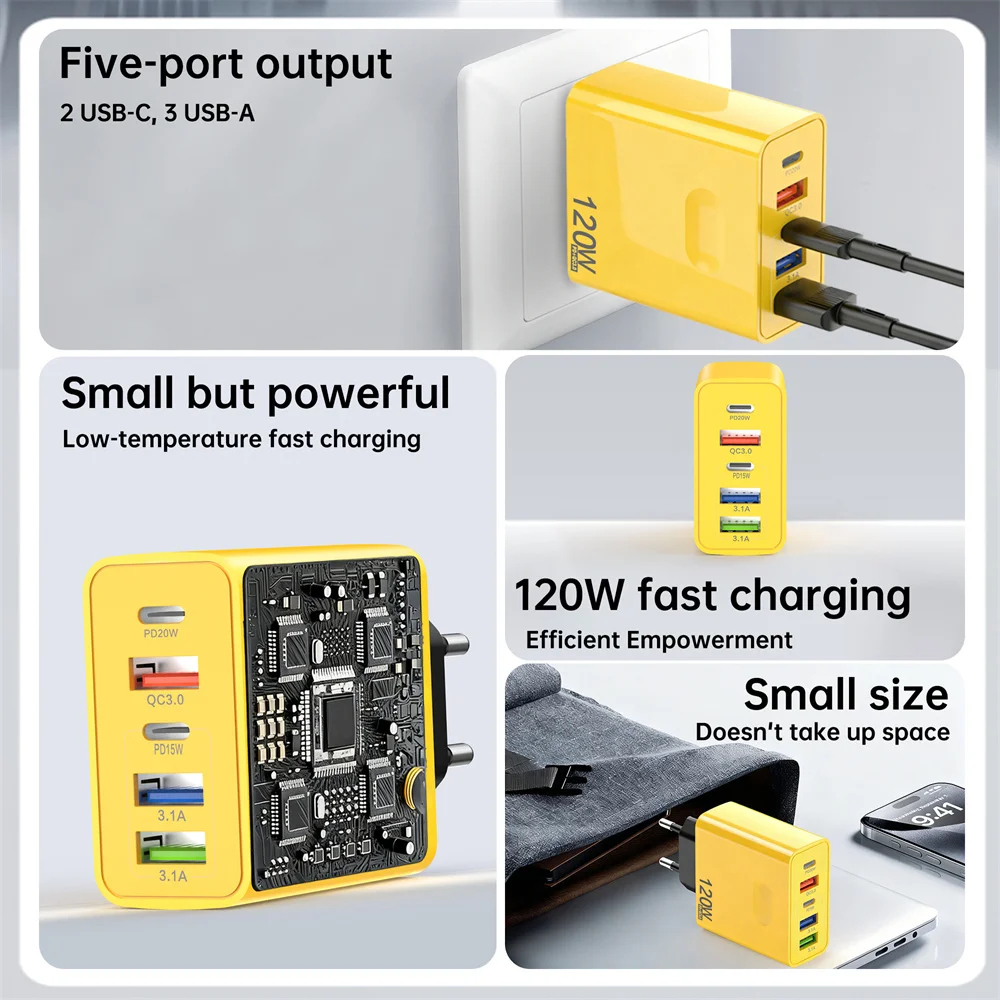 120W Multi Port USB C Fast Charger PD Charging Type C QC3.0 Wall Phone Adapter for iPhone 17 Samsung Xiaomi Huawei EU US UK Plug
