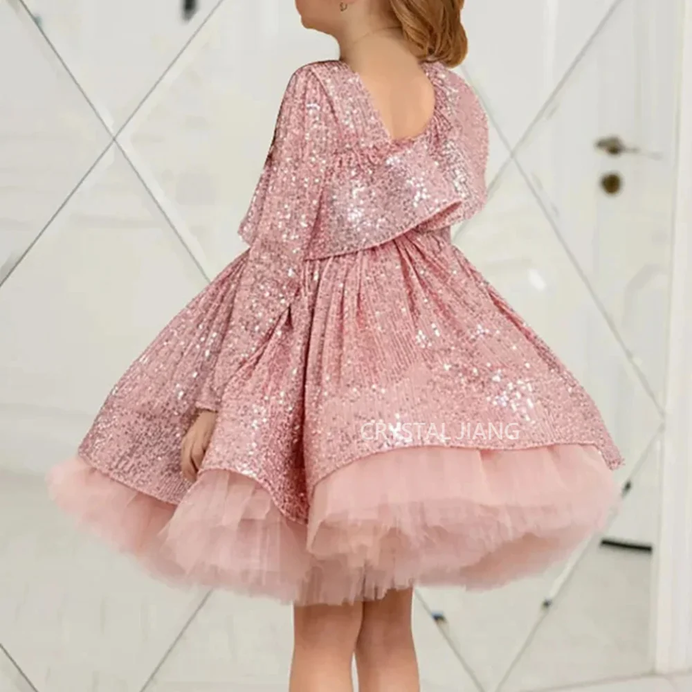 Elegante vestido de baile curto Glitter para meninas, gola rosa, tule de lantejoulas, vestidos florais, mangas completas