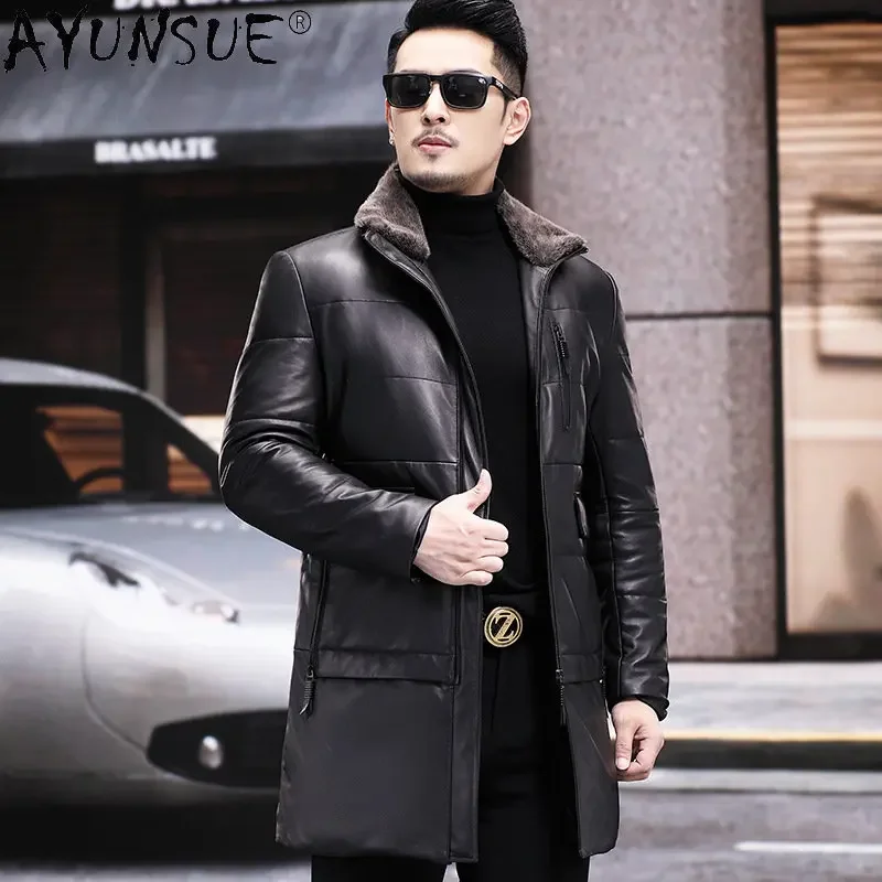 Genuine Leather Men’s Sheepskin Coat Men Medium Length Leather 90% White Duck Down Jackets Men Mink Fur Collar Winter Coats 2022