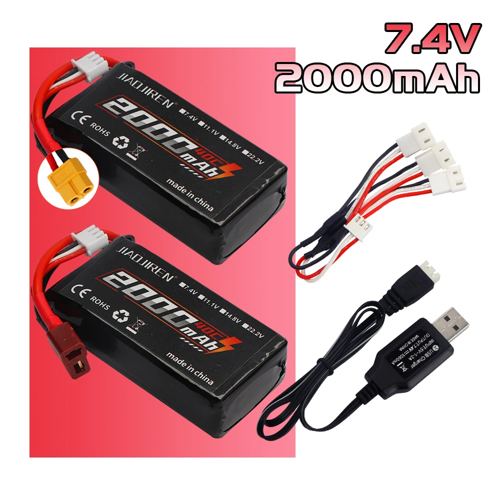 Lipo battery and Charger set For Wltoys 12428 12423 1:12 RC Car 9125 Spare parts 7.4 V 2000mah 903462 2S T Plug RC lipo battery