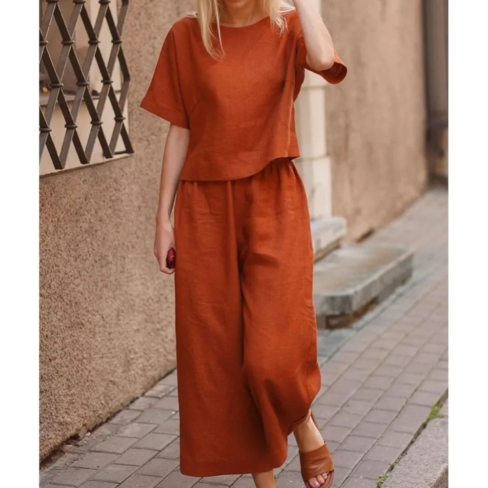 Women\'s Casual Loose Round Neck Top And Wide Leg Pants Two-piece Set 2024 Summer Solid Color Short Sleeved Blouse Trouser Outfit