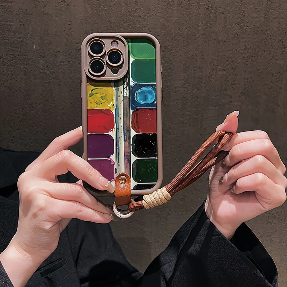 Kreative Kunst-Paletten-Silikon-Handyhülle für iPhone 17 16 17 Pro 15 14 13 12 11 Pro Max 16E 7 8 Plus XR XS mit Lanyard-Abdeckung – Detail 4
