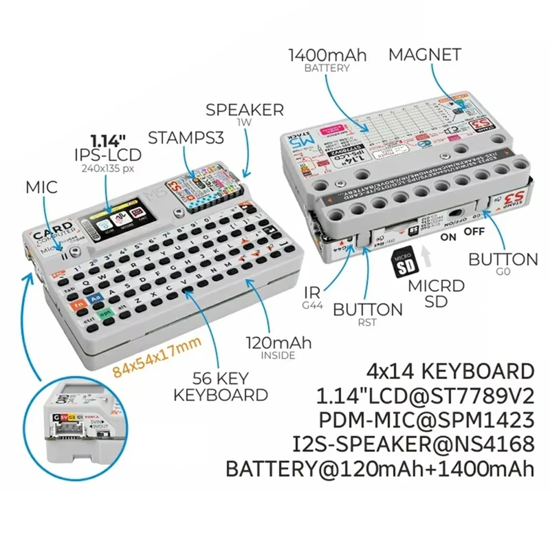 ABCA-M5stack Cardcomputer Stamps3 Microcontroller 56 Key Keyboard Card Computer DIY Electronics