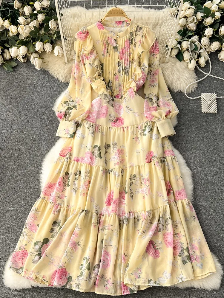 

Fashion New Vintage Dress Women Light Color Flower Print Dress Female Slim Chiffon Dress Holiday Pleated Skirt Lady Vestidos