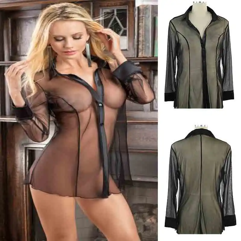 Women Button Lingerie Dress Transparent Clubwear Stripper Long Sleeve Blouse Sexy Solid See Through Sex Pajamas Shirts