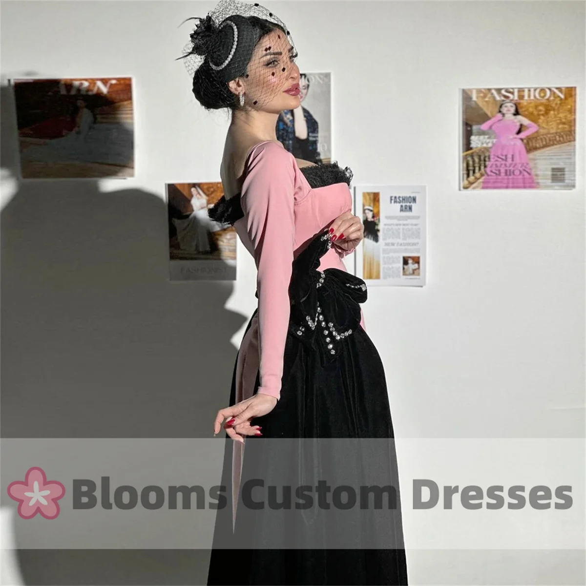 

Blooms Long Sleeves Rhinestone Bow Formal Dresses For Prom Sweetheart Long Vintage Evening Dress Elegant Arabia Party Gown