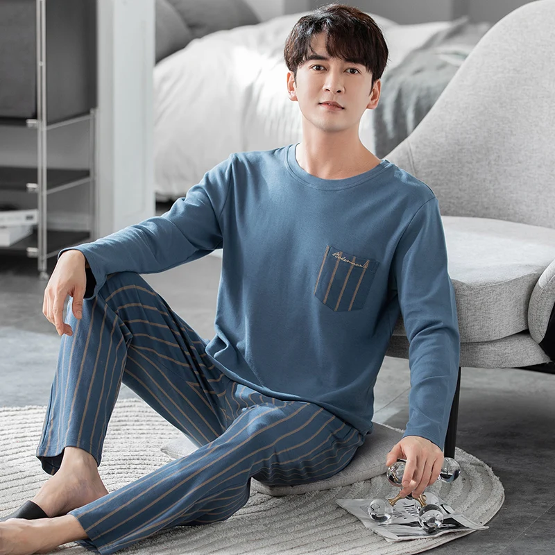 L-3XL men\'s long sleeved pajamas pure cotton round neck pullover men\'s pajamas for casual wear