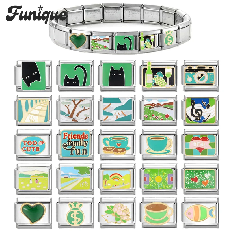 FUNIQUE Retro Green Charm Cat Camera Landscape Rainbow Italian Charm Links Fit 9mm Bracelet Stainless Steel DIY Jewelry Making